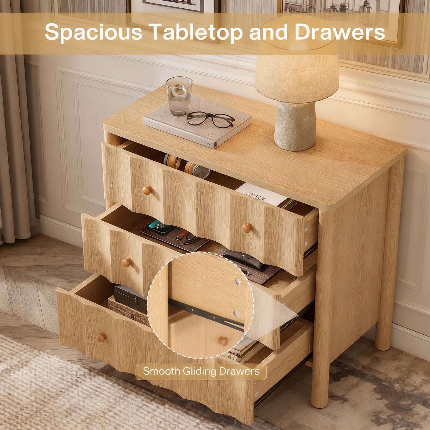 Nachtkastje – Bijzettafel – Ladekast – Nachtkast – Bedkast – Extra breed – 3 Laden – Natuurlijk Eikenhout – Softclose – MDF