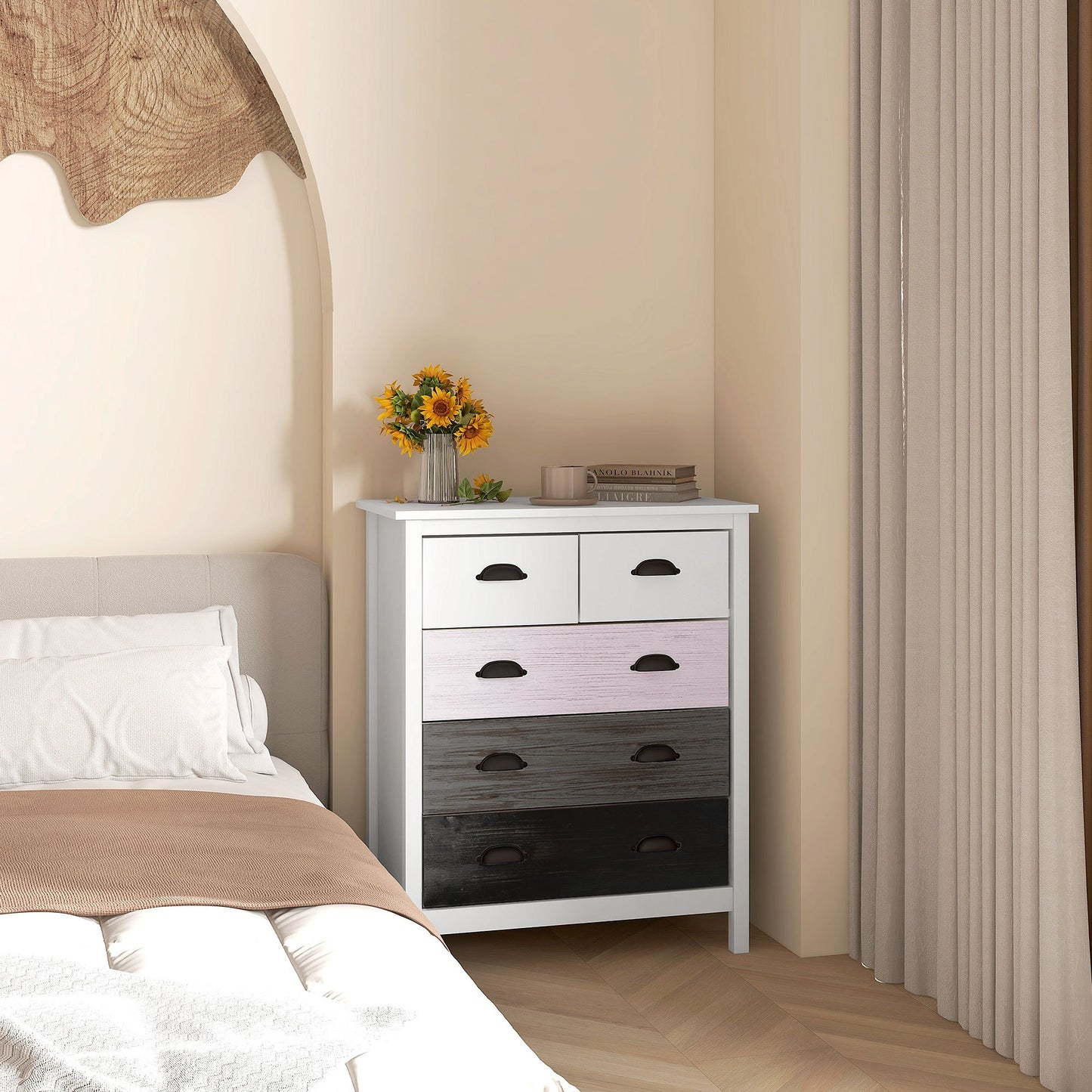Ladekast – Dressoir – Kast – Opbergkast – Commode – Wit – 5 Lades – MDF En Dennenhout – Compact Formaat 70x38x85 cm