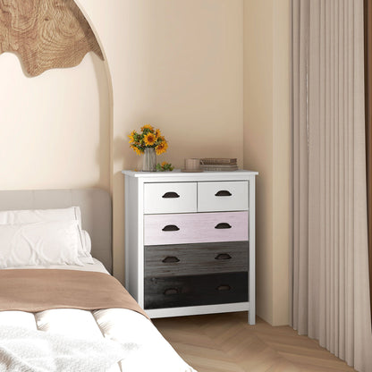 Ladekast – Dressoir – Kast – Opbergkast – Commode – Wit – 5 Lades – MDF En Dennenhout – Compact Formaat 70x38x85 cm