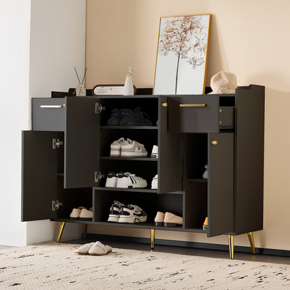 Shoe Cabinet With 2 Drawers And Shoe Rack With 4 Doors, Metal Feet, Black