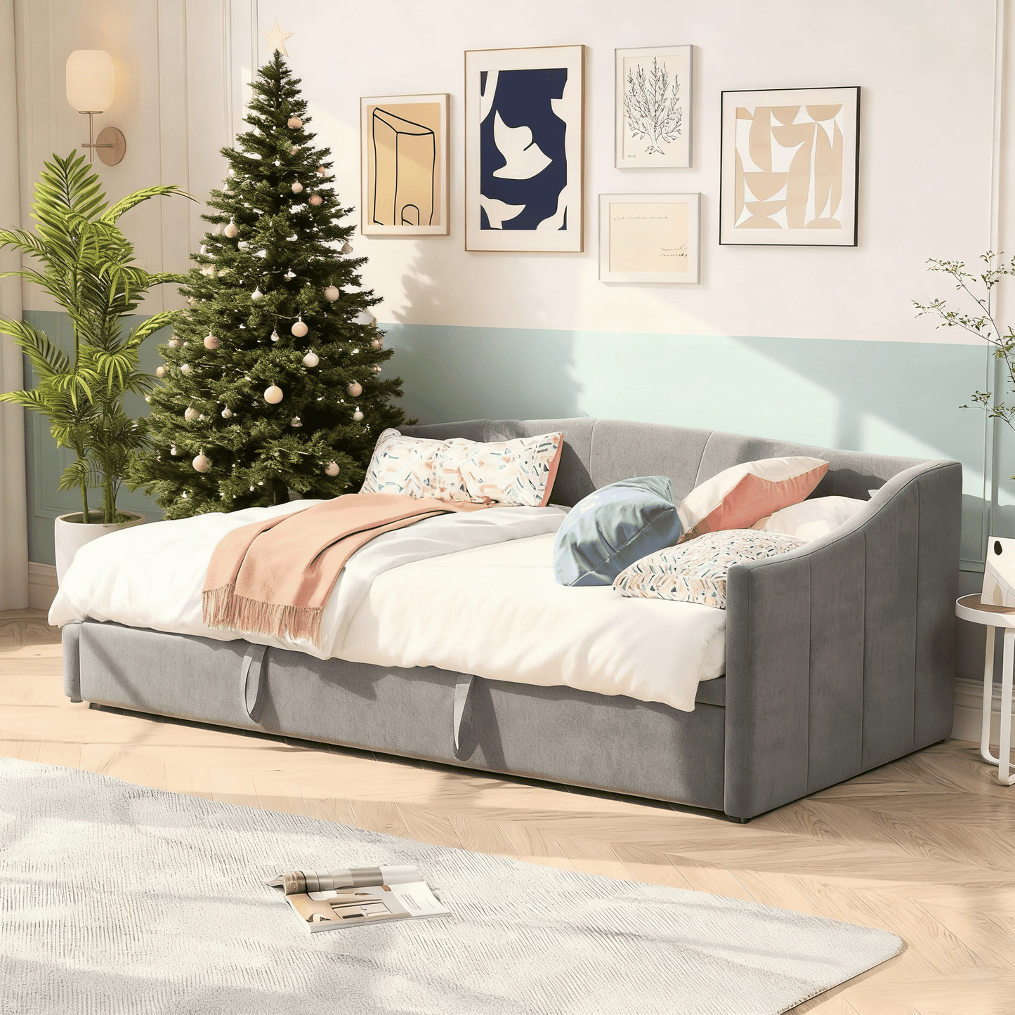 Slaapbank – Bedbank – Logeerbed – Sofa met slaapfunctie – Tweepersoonsbed – Fluwelen bekleding – 90x200 cm – Houten lattenbodem – Eenvoudige montage