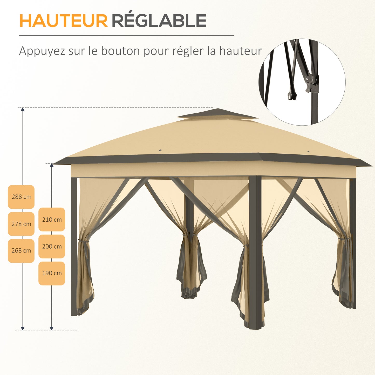 Tuinkamer – Tuinpaviljoen – Partytent – Prieel – Overkapping – Dubbel Dak – 4 Afneembare Vliegenhorren – Beige/Bruin