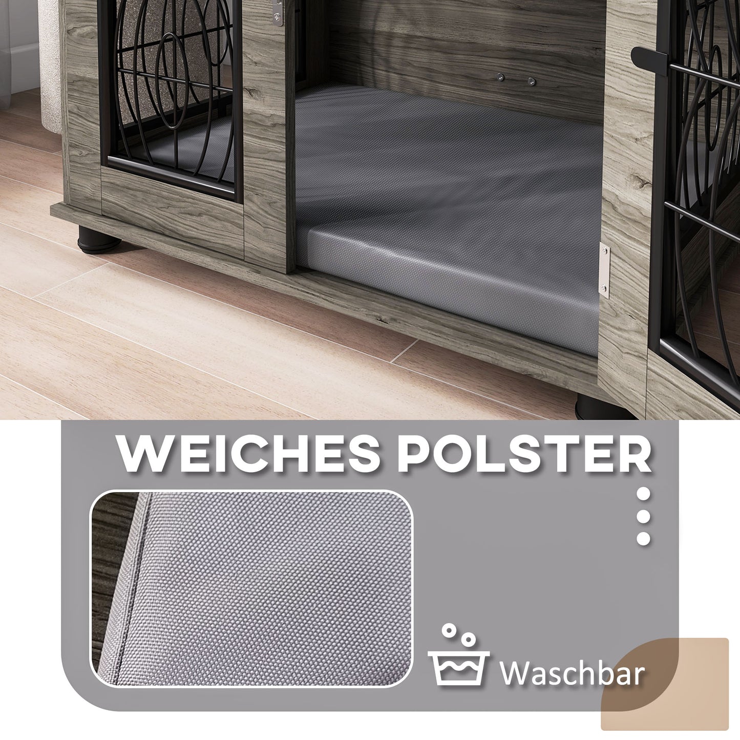 Hondenbench – Hondenkooi – Hondenhok – Reisbench – Bench – Met Zachte Wasbare Mat – Voor Middelgrote Honden Tot 20 kg – Grijs Met Houtdecor