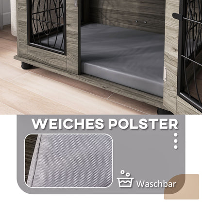 Hondenbench – Hondenkooi – Hondenhok – Reisbench – Bench – Met Zachte Wasbare Mat – Voor Middelgrote Honden Tot 20 kg – Grijs Met Houtdecor