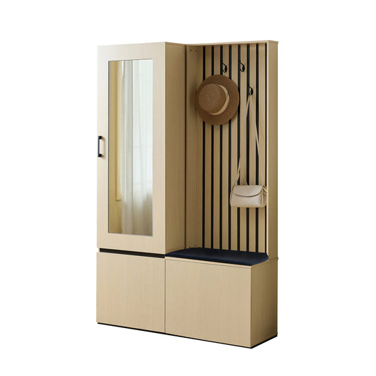 Contemporary Mirrored Wardrobe with Bench - Freestanding Entryway Storage Cabinet with Pull-Out Clothes Rail, Shoe Rack, 4 Hooks & Upholstered Seat, Full-Length Mirror Doors, Space-Saving Design for Hallway, Bedroom, Dressing Room - Easy Assembly