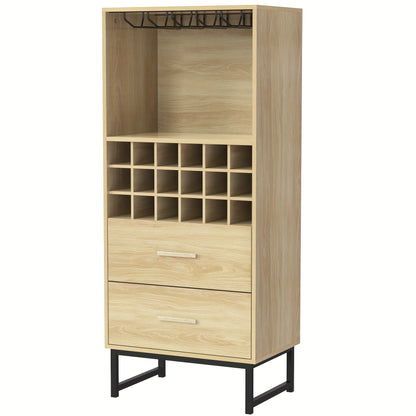 Wijnrek – Wijnkast – Flessenrek – Wijnopslag – Wijnfleshouder – Beige Houten Design – 18 Vakken Met 2 Lades – Matte Zwarte Metalen Pootjes