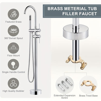 Badkraan – Badmengkraan – Vrijstaande Kraan – Badmengkraan Met Handdouche – Thermostatische Badkraan – Chroom – Messing Materialen – Draaibare Zwanenhals Uitloop