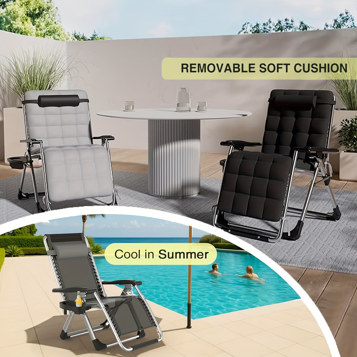 Outdoor Oversized Folding Sun Lounger, Patio Garden Chair with Cushion, Adjustable Recliner for Patio, Garden, Beach, Pool | Supports 250kg, Thick Padding & Neck Rest Pillow, Outdoor Chair, Patio Furniture, Poolside Lounger,