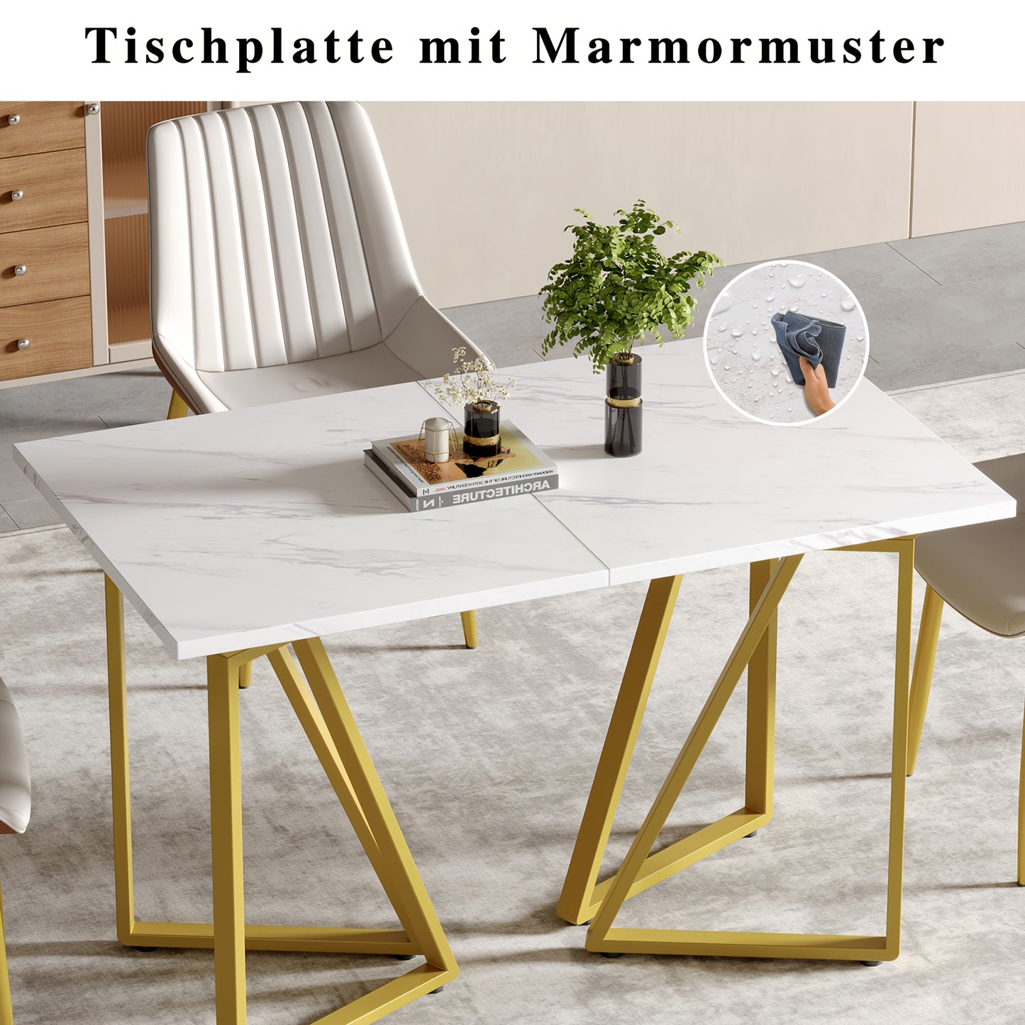 Eettafel – Dinertafel – Keukentafel – Uitschuifbare Tafel – Marmerlook Tafel – Wit Met Gouden Accenten – Verstelbare Poten – Uitschuifbaar Design