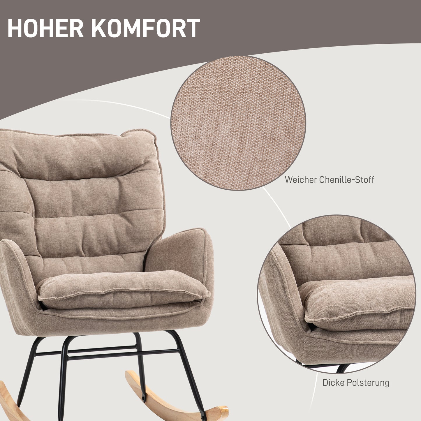 Schommelstoel – Schommelstoel Fauteuil – Wipstoel – Relaxstoel – Beukenhouten Stoel – Brede Zitting 53 cm – Hoge Rugleuning 70 cm – Draagvermogen 120 kg – Bruin Chenille