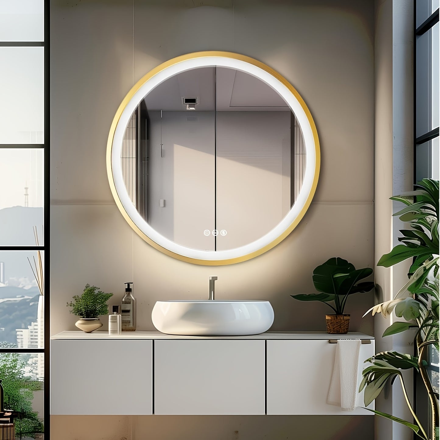 Badkamerspiegel LED – Wandspiegel – Rond – Verlichte Spiegel – Make-up Spiegel – Goud Aluminium Frame – 80x80 cm – Anti-condens Verwarming – Dimbare Driekleurverlichting