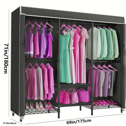 Kledingkast Organizer – Garderobekast – Kledingrek – Kast – Opbergkast – Vrijstaand Carbon Stalen Frame – Afneembare Stoffen Hoes – 4 Planken & 7 Hangzones – 175x180 cm Ruimtebesparend