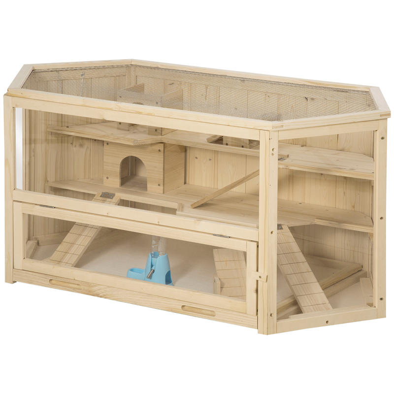 Small Animal Cage, Rodent Cage, Rodent Home with 1 Ramp, 1 Seesaw, Removable Bottom Tray, Made of Fir Wood, Natural, Hamster Cage, Rat Cage, Large Hamster Cage, Guinea Pig Cage, Chinchilla Cage, Bunny Cage, Ferret Cage, Gerbi