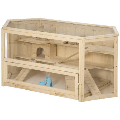 Small Animal Cage, Rodent Cage, Rodent Home with 1 Ramp, 1 Seesaw, Removable Bottom Tray, Made of Fir Wood, Natural, Hamster Cage, Rat Cage, Large Hamster Cage, Guinea Pig Cage, Chinchilla Cage, Bunny Cage, Ferret Cage, Gerbi