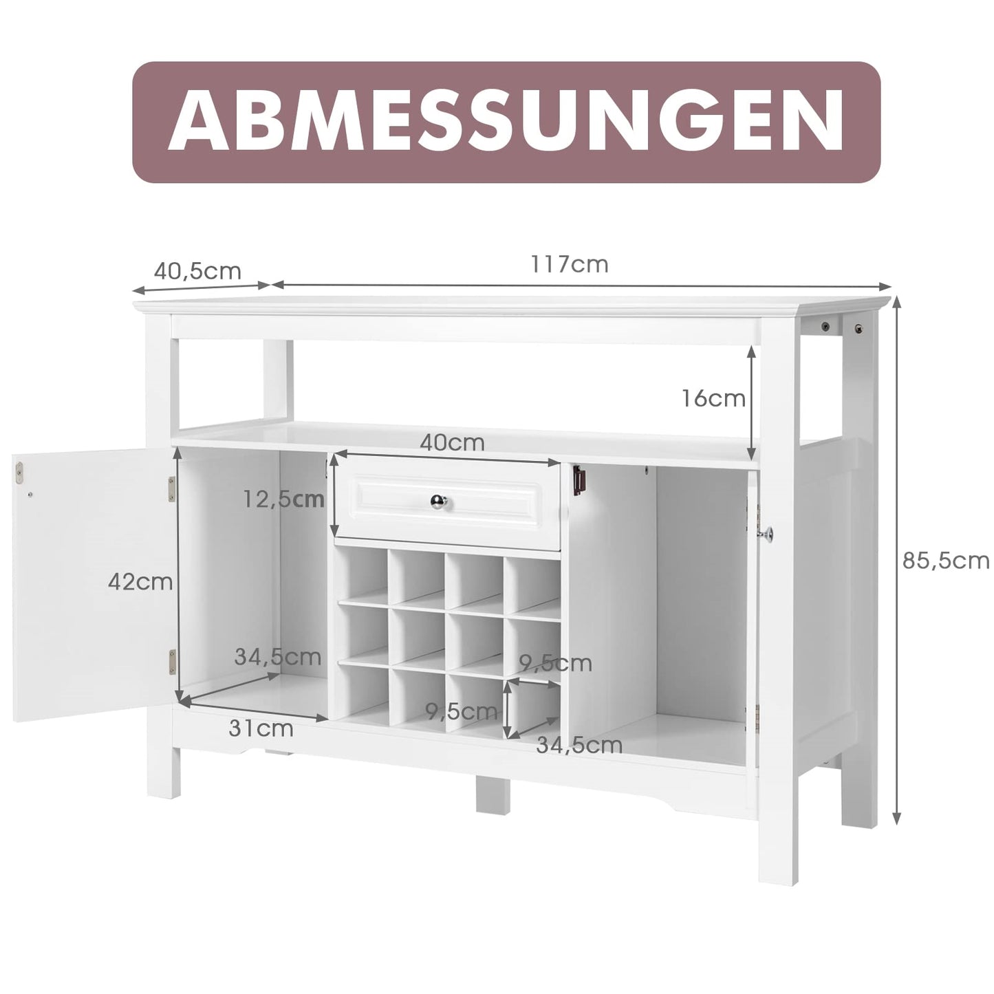 Buffetkast – Dressoir – Keukenkast – Opbergkast – Wijnkast – MDF Hout – 116 x 40 x 82 cm – Wit