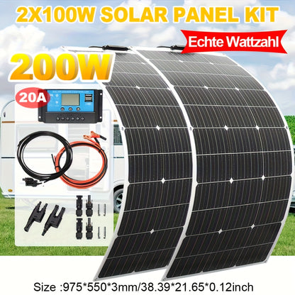 200W Zonnepaneel Kit – Flexibel Zonnepaneel – Solar Panel Set – Off-Grid Zonne-energie – Photovoltaïsch Systeem – 2x 100W Monokristallijn – 20A Regelaar – Lichtgewicht & Weerbestendig