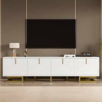 Modern Low-Profile TV Cabinet with Textured Doors & Golden Handles/Legs - -Standing Media Console, Ample Storage Space Suitable for, (No Wood)