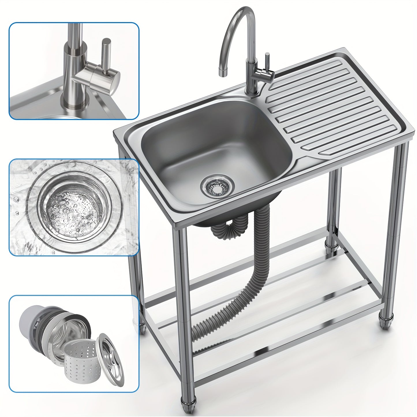 Stainless Steel Restaurant Sink with Workbench, Standalone Outdoor Sink with Hot And Cold Water Taps, Industrial Restaurant Sink Easy to Assemble And Move, Suitable for Garage, Garden, Restaurant, Kitchen, Kitchen Sink, Kitch