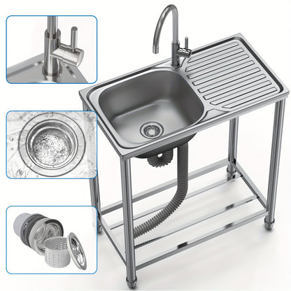 Stainless Steel Restaurant Sink with Workbench, Standalone Outdoor Sink with Hot And Cold Water Taps, Industrial Restaurant Sink Easy to Assemble And Move, Suitable for Garage, Garden, Restaurant, Kitchen, Kitchen Sink, Kitch