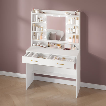 Dressing Table With Mirror, Dressing Table With Shelves And 2 Drawers, For Bedroom, Living Room, 40 X 100 X 149 Cm, White