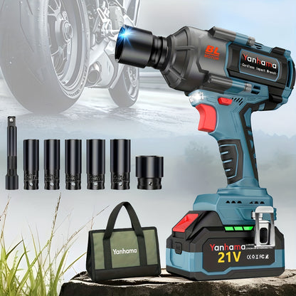 Slagmoersleutel – Slagsleutel – Impact Wrench – Accu Slagmoersleutel – Draadloos – 21V Brushless Motor – Incl. 2 Verwisselbare Batterijen & Complete Steekkoppenset