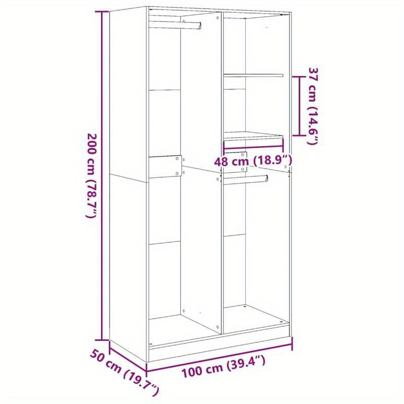 Spacious Gray Sonoma Oak Wood Wardrobe - Classic Design with Hanging Rails, Shelves for Shoes and Accessories, Ideal for Organizing Clothing and Footwear, Accessory Organization|Classic Wardrobe|Durable Wood Construction