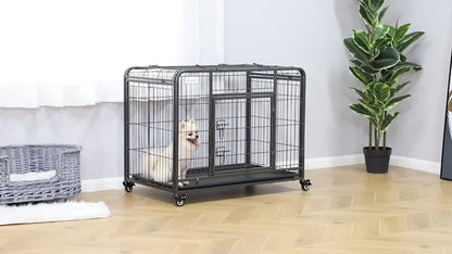 Hondenkooi – Hondenbench – Transportkooi – Draagkooi – Hondenkennel – Inklapbaar – Met Wieltjes – Dubbele Vergrendeling – Uitneembare Bodemlade – Voor Middelgrote Honden – Zwart Metaal – 94x58x69,5 cm