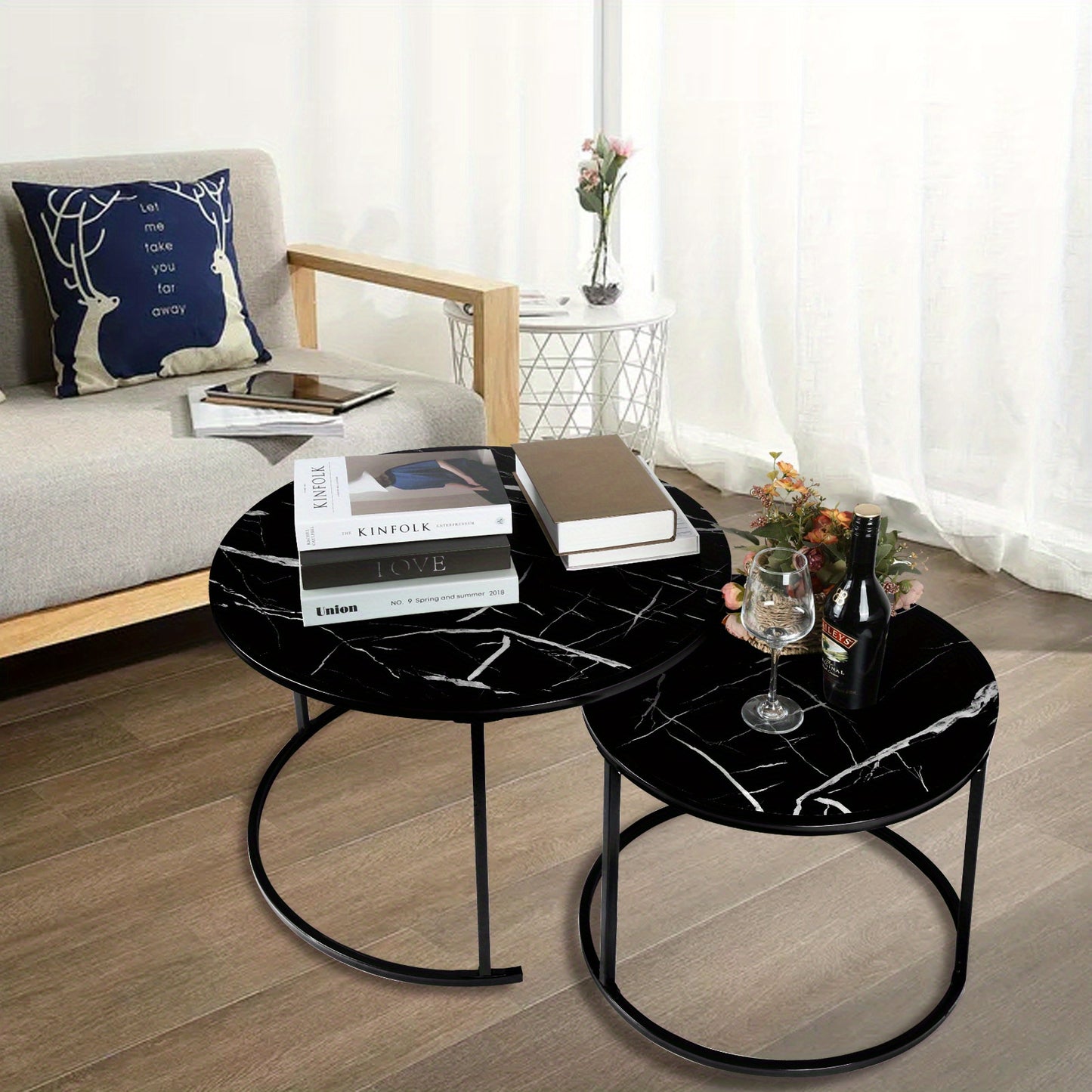 Nordic Salontafel – Woonkamer Tafel – Bijzettafel – Koffietafel – Set Van Twee – Zwart – Metalen Frame – Compact Formaat 45x45x70/38x38x50 cm