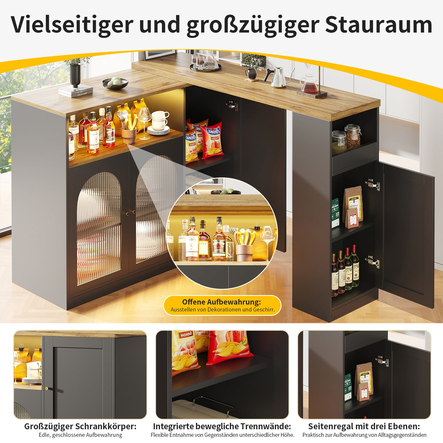 Buffetkast – Opbergkast – Keukenkast – Sideboard – Wijnkast – 360° Draaibaar Ontwerp – 198 x 39,6 x 97 cm – Glazen Deuren met Lades