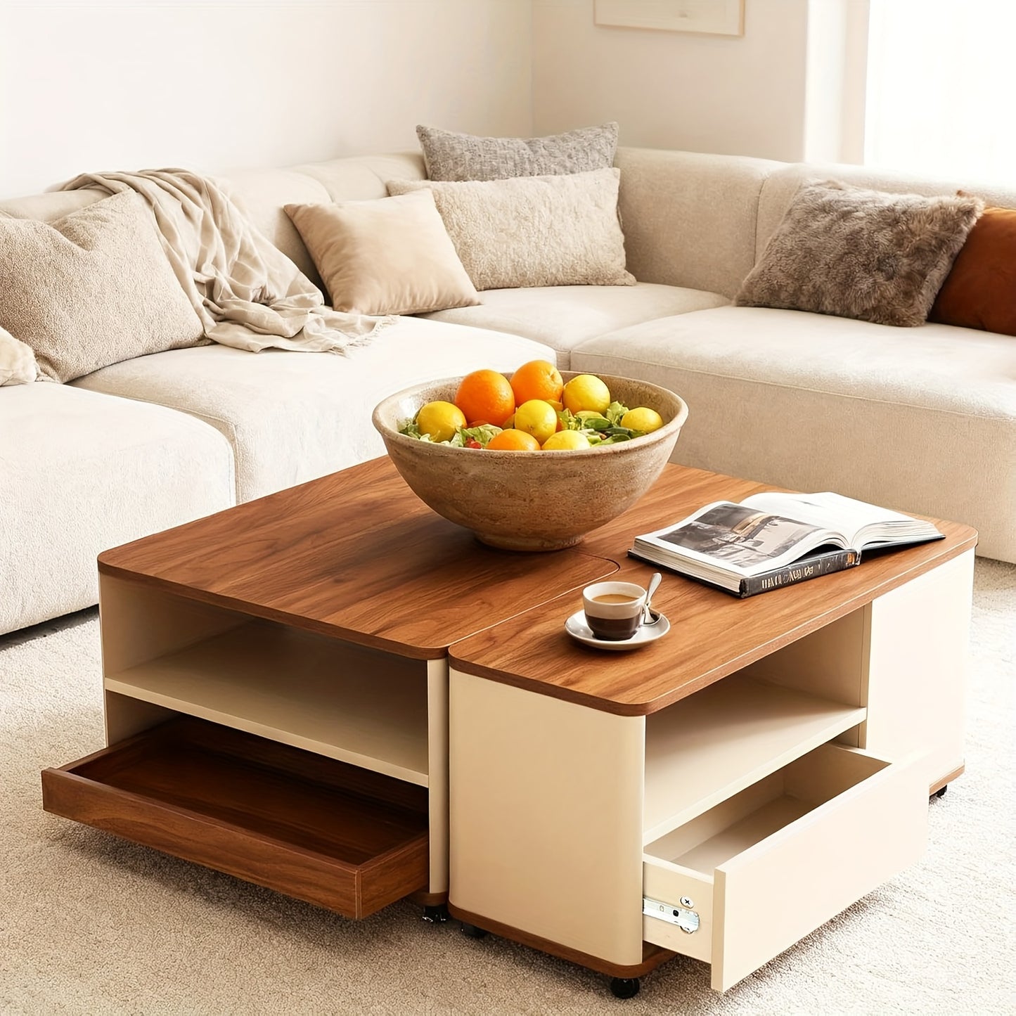 Salontafel – Woonkamertafel – Koffietafel – Bijzettafel – Tafeltje – Modern Bruin – Met Wieltjes & 2 Laden – Duurzaam Hout – Uitbreidbaar & Compact