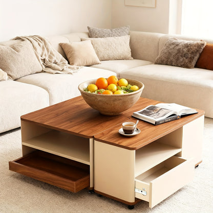 Salontafel – Woonkamertafel – Koffietafel – Bijzettafel – Tafeltje – Modern Bruin – Met Wieltjes & 2 Laden – Duurzaam Hout – Uitbreidbaar & Compact