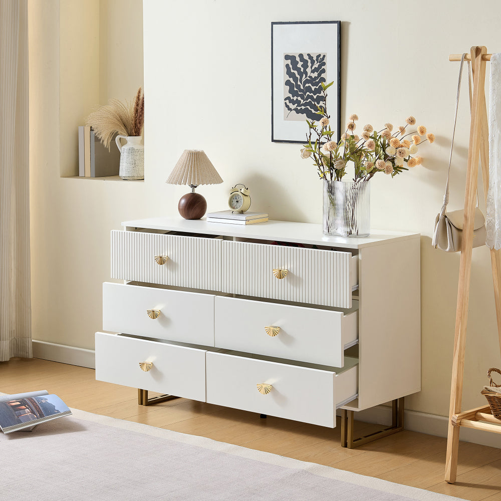 Dressoir – Sideboard – Ladekast – Opbergkast – Commode – Wit met Gouden Accenten – 6 Laden – 120x40x75 cm – Eigentijds Design
