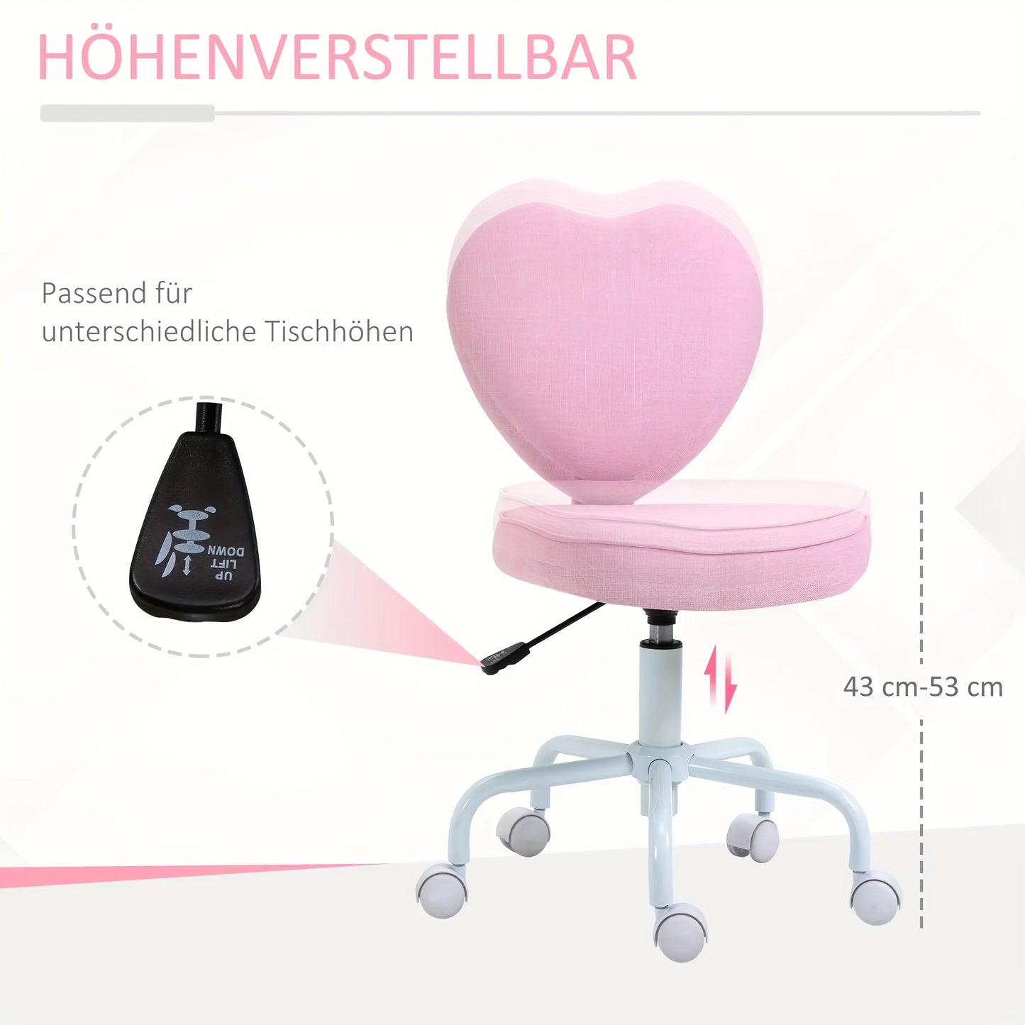 Loungestoel – Fauteuil – Draaistoel – Relaxstoel – Leessstoel – Hartvormig Design – Verstelbare Zithoogte – Roze Linnen – 360° Draaibaar – Compact 40x50x79-89 cm