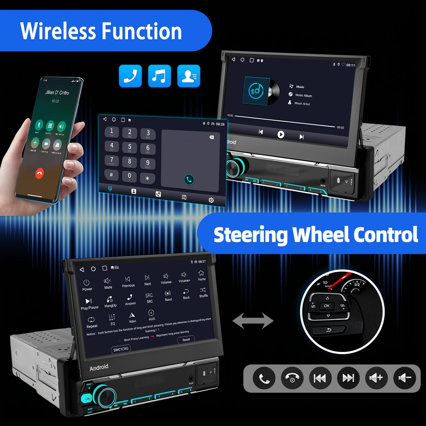 Multimedia Carplay Systeem – Autoradio – Inbouw Radio – Touchscreen Radio – Android Auto – 7 Inch IPS Uitklapbaar Scherm – Draadloze Carplay & Achteruitrijcamera Met Microfoon & DAB+