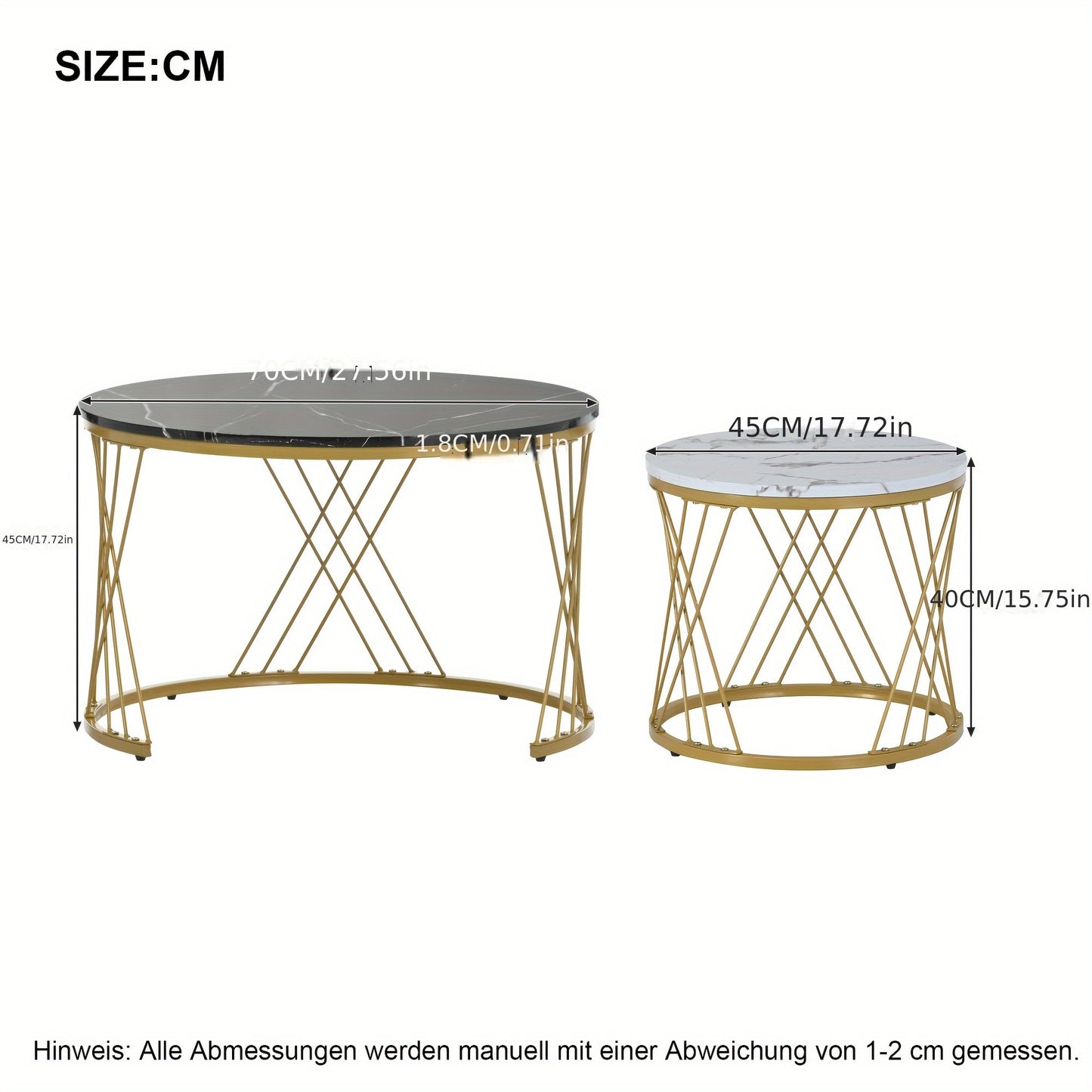 Salontafel – Bijzettafel – Koffietafel – Woonkamertafel – Nesting Set – Rond Marmerfineer – Gouden Metalen Frame – Ruimtebesparend Design – Eenvoudige Montage