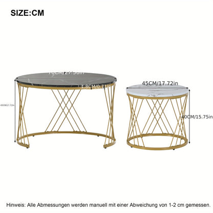Salontafel – Bijzettafel – Koffietafel – Woonkamertafel – Nesting Set – Rond Marmerfineer – Gouden Metalen Frame – Ruimtebesparend Design – Eenvoudige Montage