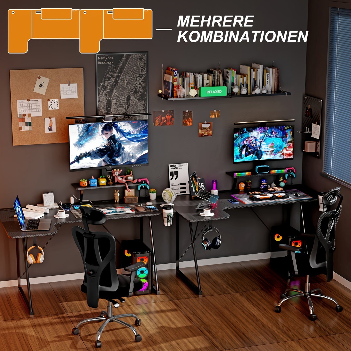 Gaming Tafel – Game Bureau – Werkplek Bureau – Gaming Desk – Computer Tafel – Zwart – Ergonomisch Design – Carbon Fiber Bovenblad – 150x90-40x75 cm – 150 kg Draagvermogen – Inclusief Controllerhouder & Koptelefoonhaak