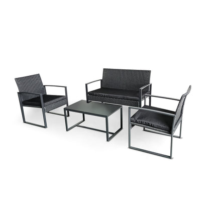 Loungeset – Tuinset – Zitgroep – Tuinmeubelen – Loungebank – Weerbestendig Metaal – Polyrattan – Inclusief Kussens – Glazen Tafelblad