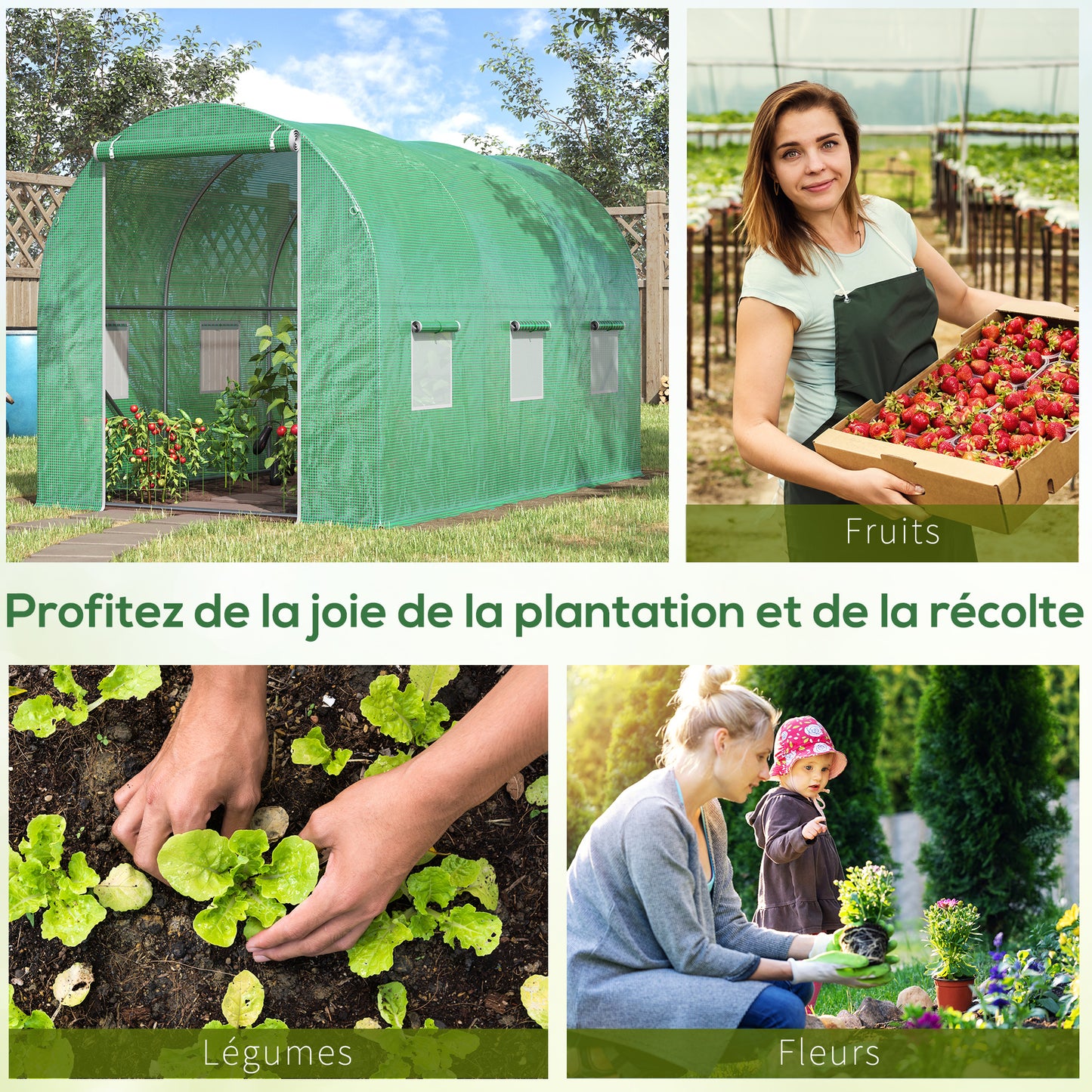 Tuin Kas Tunnel Kas Kweekkas Glazen Tuinkas Groentekas – 6 m² Oppervlakte – Verstevigd Buisframe Met Ritsdeur en 6 Ophoogbare Ventilatieraampjes – Groen