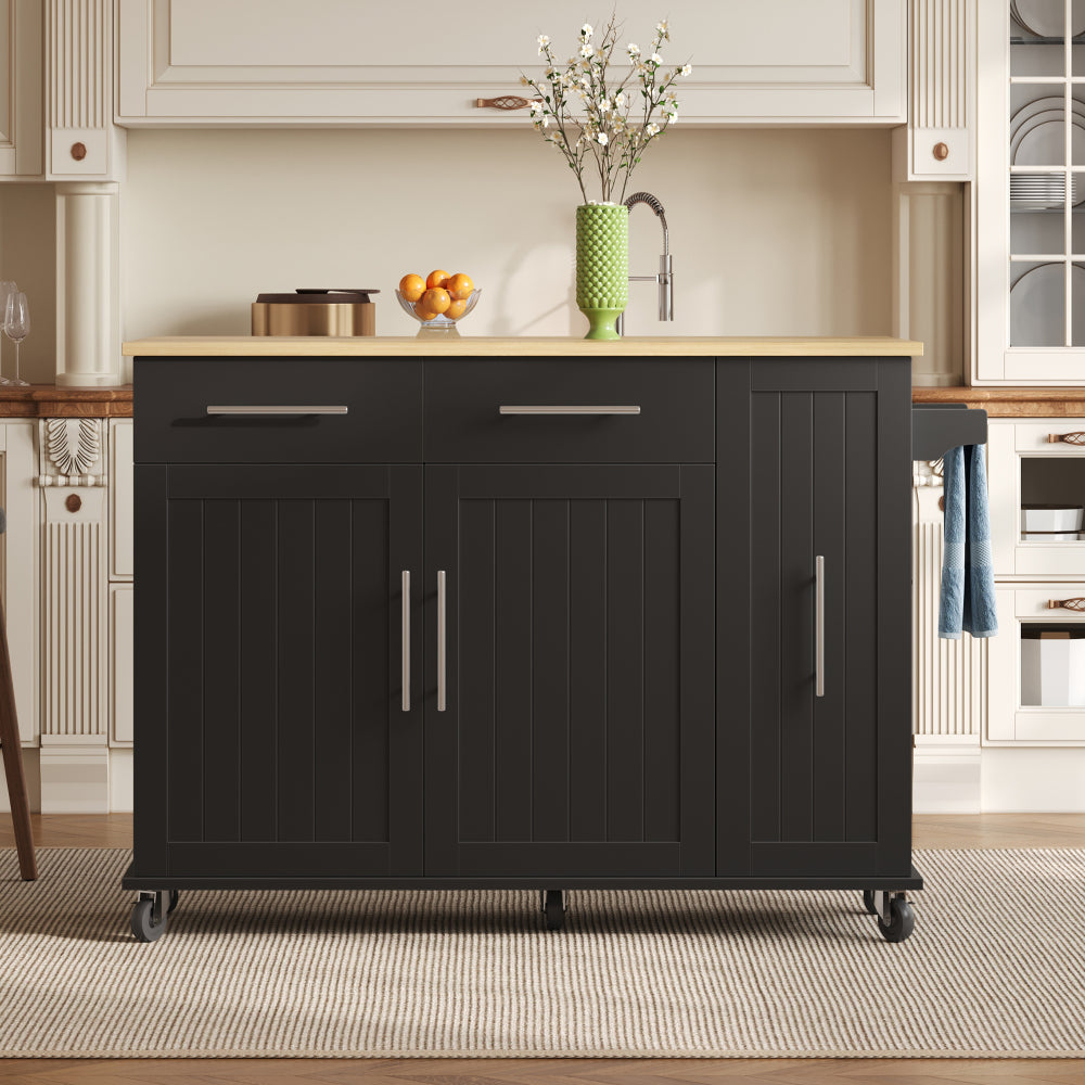 Expandable/Retractable Kitchen Island with Folding Leaf Extension & Storage Cart - Heavy-Duty Mobile Cart with 3-Tier Pull-Out Cabinet, Internal Shelving, 2 Drawers & Towel Rail - Space-Saving Suitable for Dining Areas, Assem