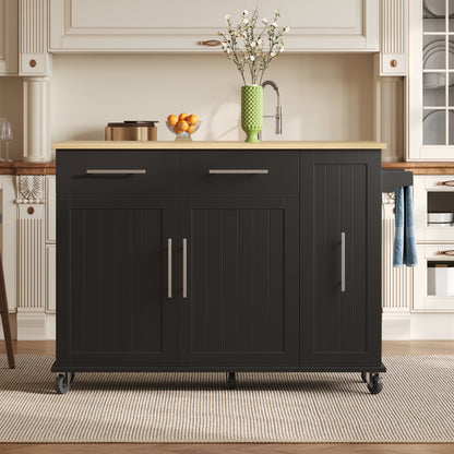 Expandable/Retractable Kitchen Island with Folding Leaf Extension & Storage Cart - Heavy-Duty Mobile Cart with 3-Tier Pull-Out Cabinet, Internal Shelving, 2 Drawers & Towel Rail - Space-Saving Suitable for Dining Areas, Assem