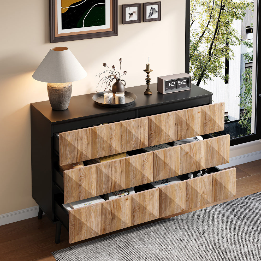 Dressoir – Opbergkast – Ladekast – Buffetkast – Kast – Modern Design – Zwart Met Natuurlijk Houtaccent – Met Lade(s) En Verhoogde Deuren – Gemakkelijk Montage – Niet-Houten Materiaal