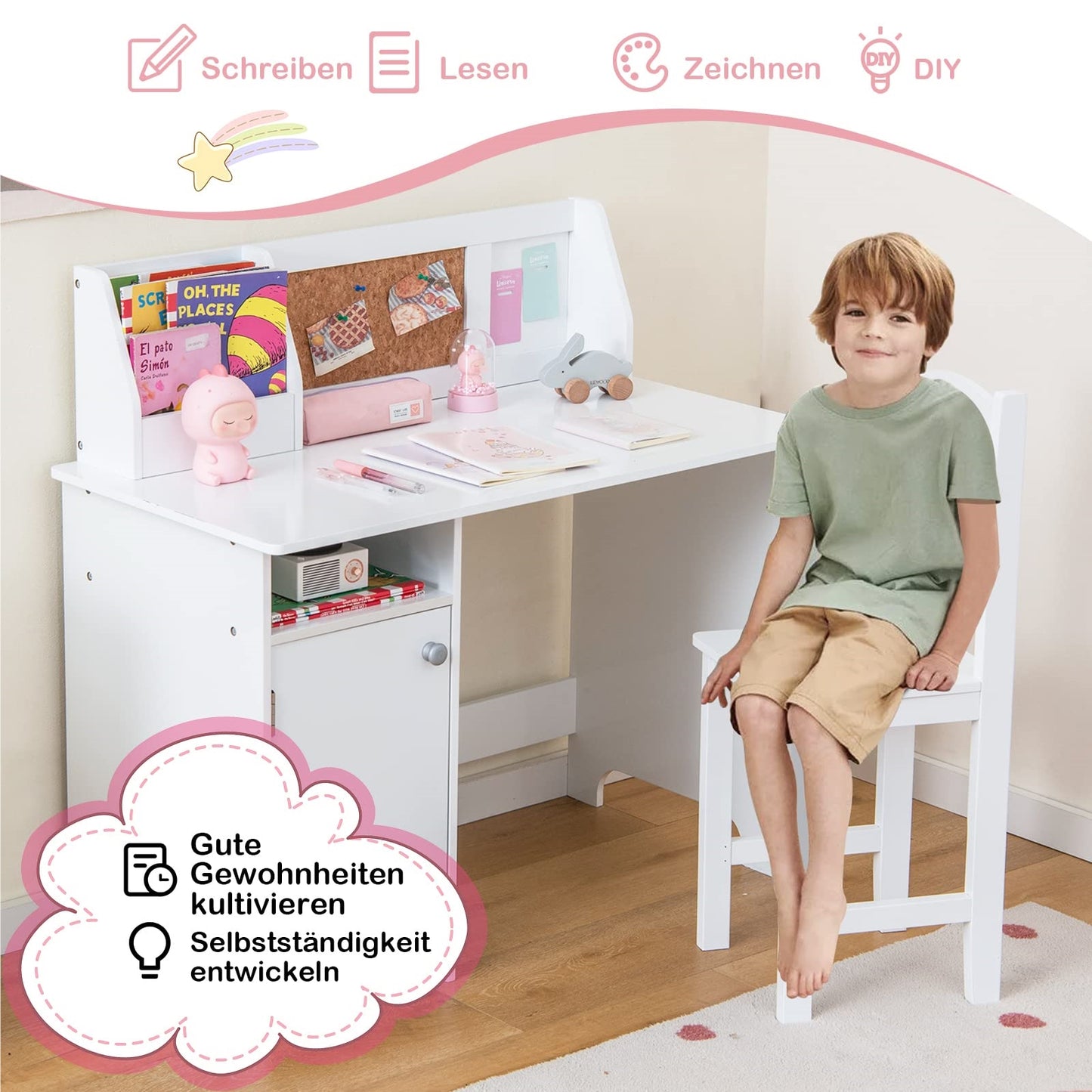 Kinderbureau – Bureautje – Studietafel – Kindertafel – Bureau Set – Inclusief Stoel – Met Boekenkast & Magnetisch Bord – Wit – Ergonomisch Design – Duurzaam MDF Hout