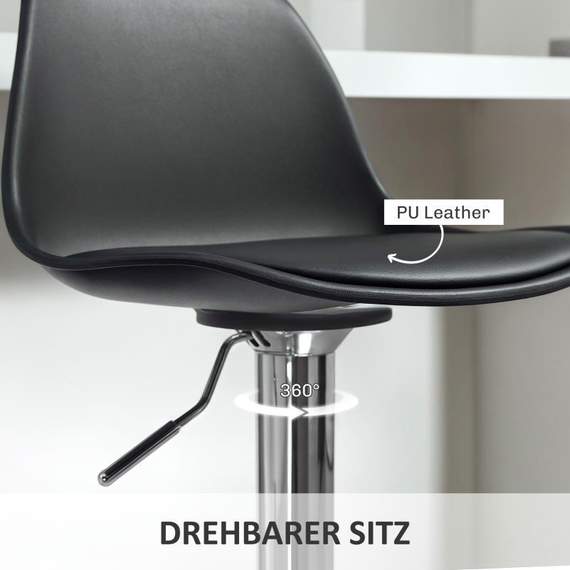 Barstoel – Barkruk – Barstoel Kruk – Barstoelen – Barkrukken Set van 2 – Verstelbare Zithoogte – Draaibare Rugleuning 360° – Stalen Frame – Zitting van Synthetisch Leer – Zwart