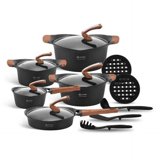 15-Delige Pannenset – Kookpotten – Kookpannen – Inductiepannen – Braadpannen – Inductiegeschikt – Marmeren Non-Stick Coating – Aluminium Met Softgrip Handvatten