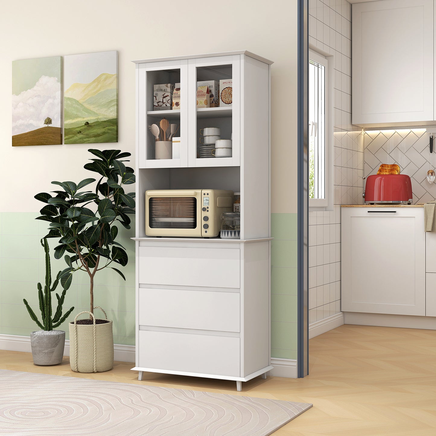 Keukenkast – Keukenbuffet – Opbergkast – Sideboard – Kast – Witte MDF Hout – 2 Deuren, 3 Lades, Centrale Nis – 68x38x172 cm