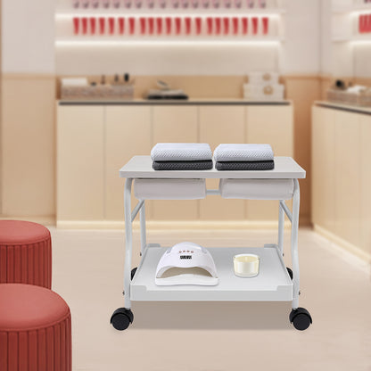 Voettrolley – Spa Trolley – Pedicure Kar – Massage Trolley – Schoonheidstrolley – Inklapbaar – Hoogwaardig Hout en IJzer – 4 Zwenkwieltjes Met Remmen – Draagkracht 18 kg – Wit