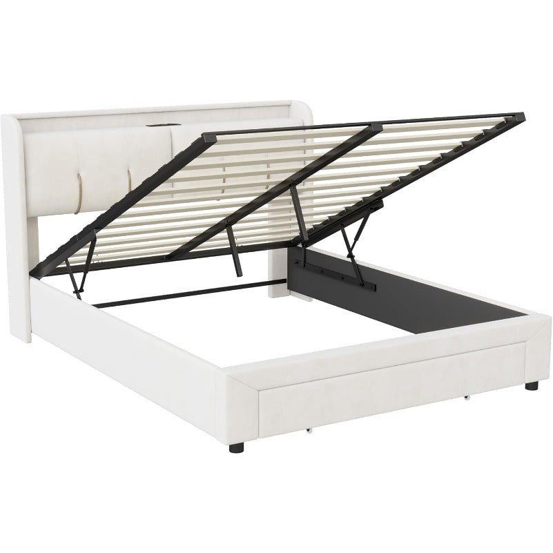 Gestoffeerd Tweepersoonsbed – Boxspring Bed – Ledikant – Opbergbed – Slaapbank – 140x200 cm – Hydraulische Opbergruimte – USB Laadpoort Ingebouwd