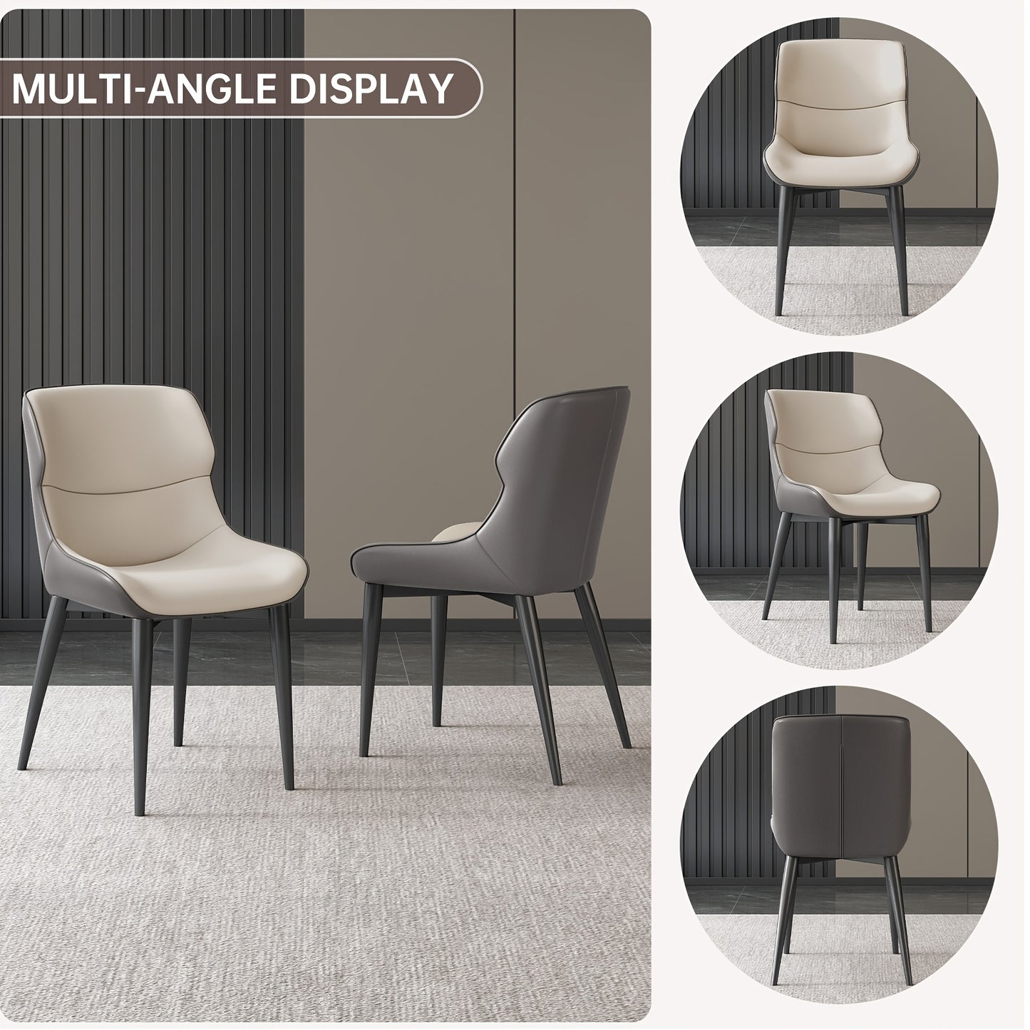2-Pack Modern PU Leather Dining Chairs with Cushioned Metal Legs - Soft Padded Seats & Backrests, Sturdy Tapered Legs, Easy-Clean Surface, Black & Light Gray Contemporary Kitchen Chairs for Home, Restaurant, Breakfast Nook -