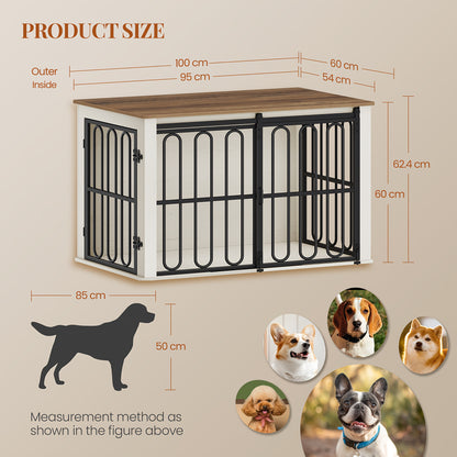 Wooden Dog Cage Furniture, 100cm Household Pet Crate, Double-Door Design with Sliding Door for Small to Medium-Sized Breeds, Includes Sturdy Side Table - 60 × 100× 62.4cm in White and Brown, Extra Large Dog Crate Furniture, - QUORE